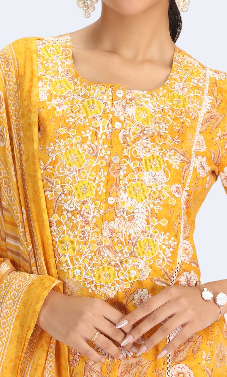 Yellow Cotton Embroidered Straight Kurta Pant and Dupatta Suit Set