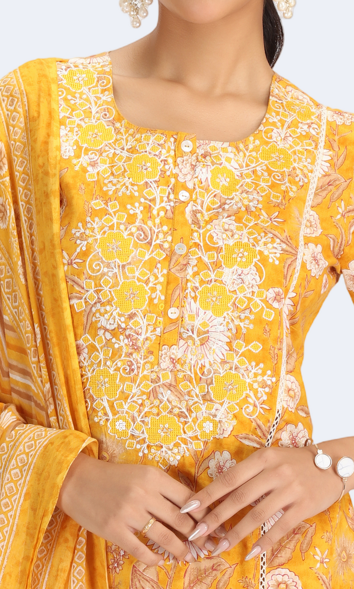 Yellow Cotton Embroidered Straight Kurta Pant and Dupatta Suit Set