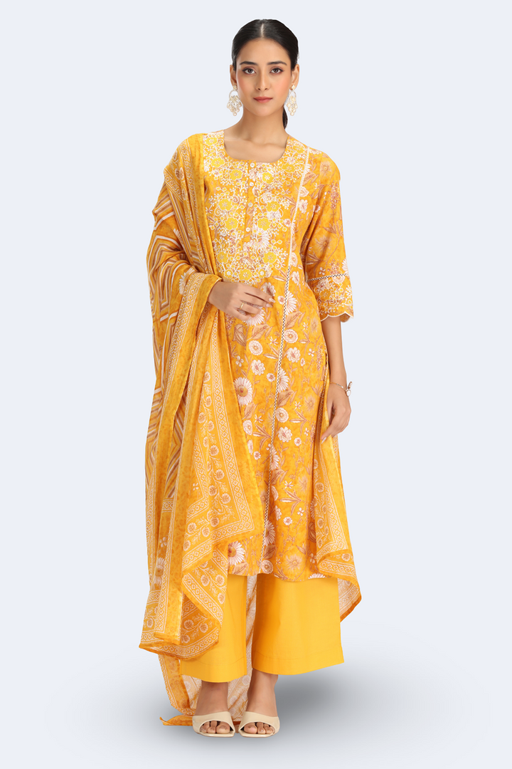 Yellow Cotton Embroidered Straight Kurta Pant and Dupatta Suit Set