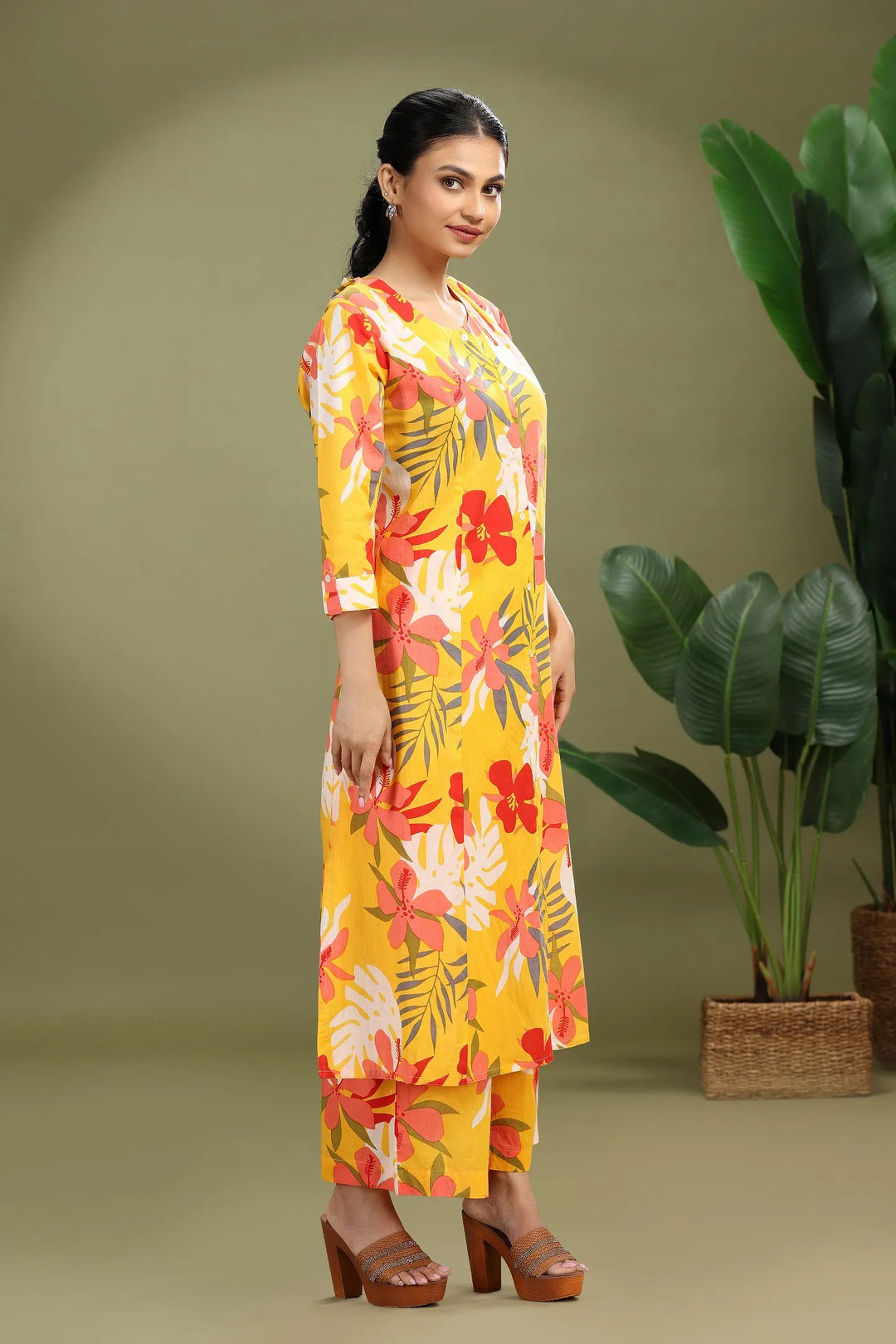 Yellow Jaipuri Cotton Printed A Line Kurta Pant Co ord Set