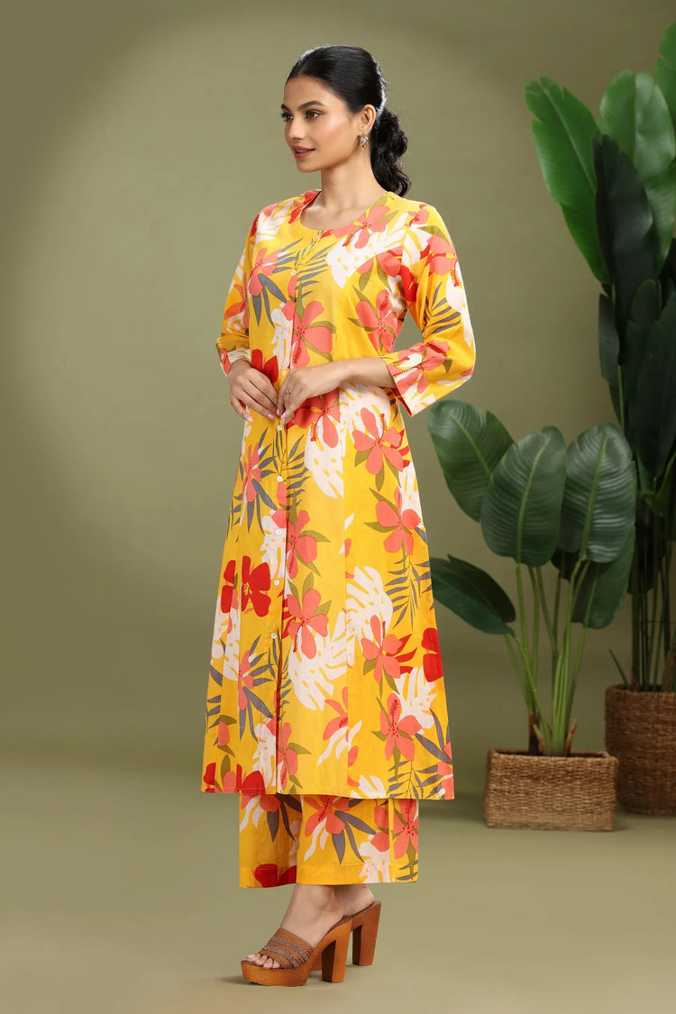Yellow Jaipuri Cotton Printed A Line Kurta Pant Co ord Set