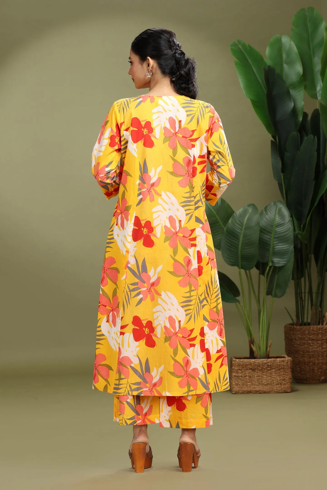 Yellow Jaipuri Cotton Printed A Line Kurta Pant Co ord Set