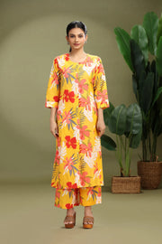 Yellow Jaipuri Cotton Printed A Line Kurta Pant Co ord Set