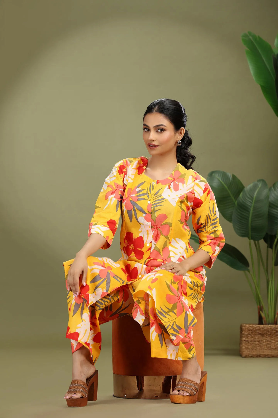 Yellow Jaipuri Cotton Printed A Line Kurta Pant Co ord Set