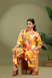 Yellow Jaipuri Cotton Printed A Line Kurta Pant Co ord Set