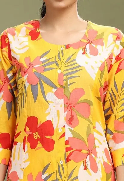 Yellow Jaipuri Cotton Printed A Line Kurta Pant Co ord Set