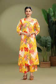 Yellow Jaipuri Cotton Printed A Line Kurta Pant Co ord Set