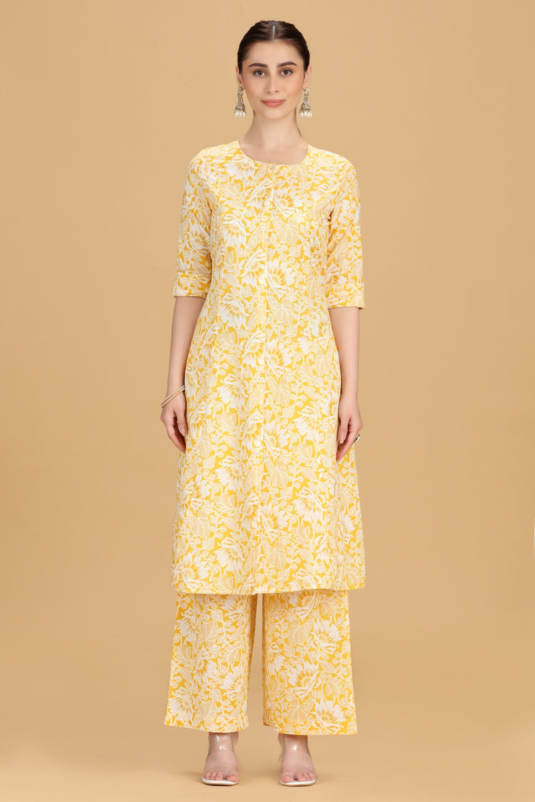 Yellow Jaipuri Cotton Printed A Line Kurta Pant Co ord Set