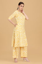 Yellow Jaipuri Cotton Printed A Line Kurta Pant Co ord Set