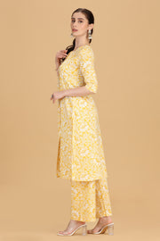 Yellow Jaipuri Cotton Printed A Line Kurta Pant Co ord Set