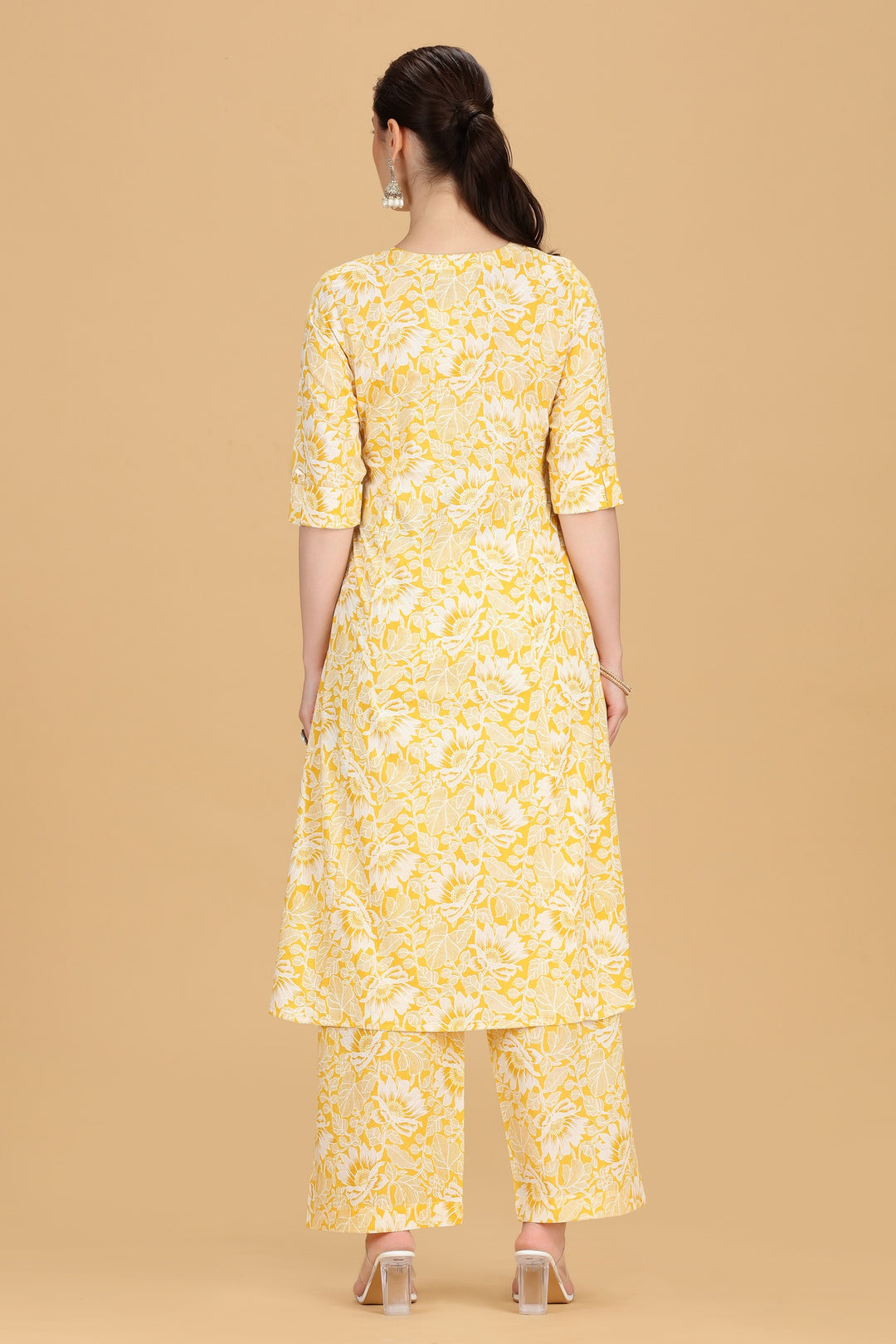 Yellow Jaipuri Cotton Printed A Line Kurta Pant Co ord Set