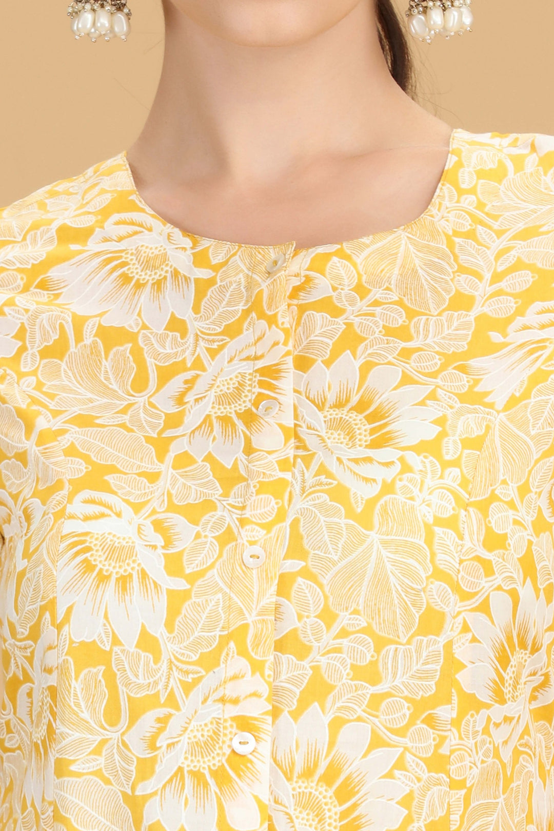 Yellow Jaipuri Cotton Printed A Line Kurta Pant Co ord Set