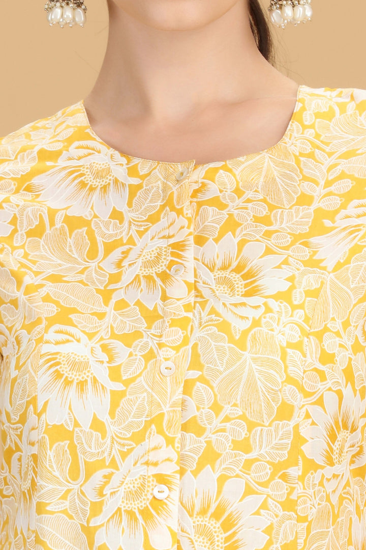 Yellow Jaipuri Cotton Printed A Line Kurta Pant Co ord Set