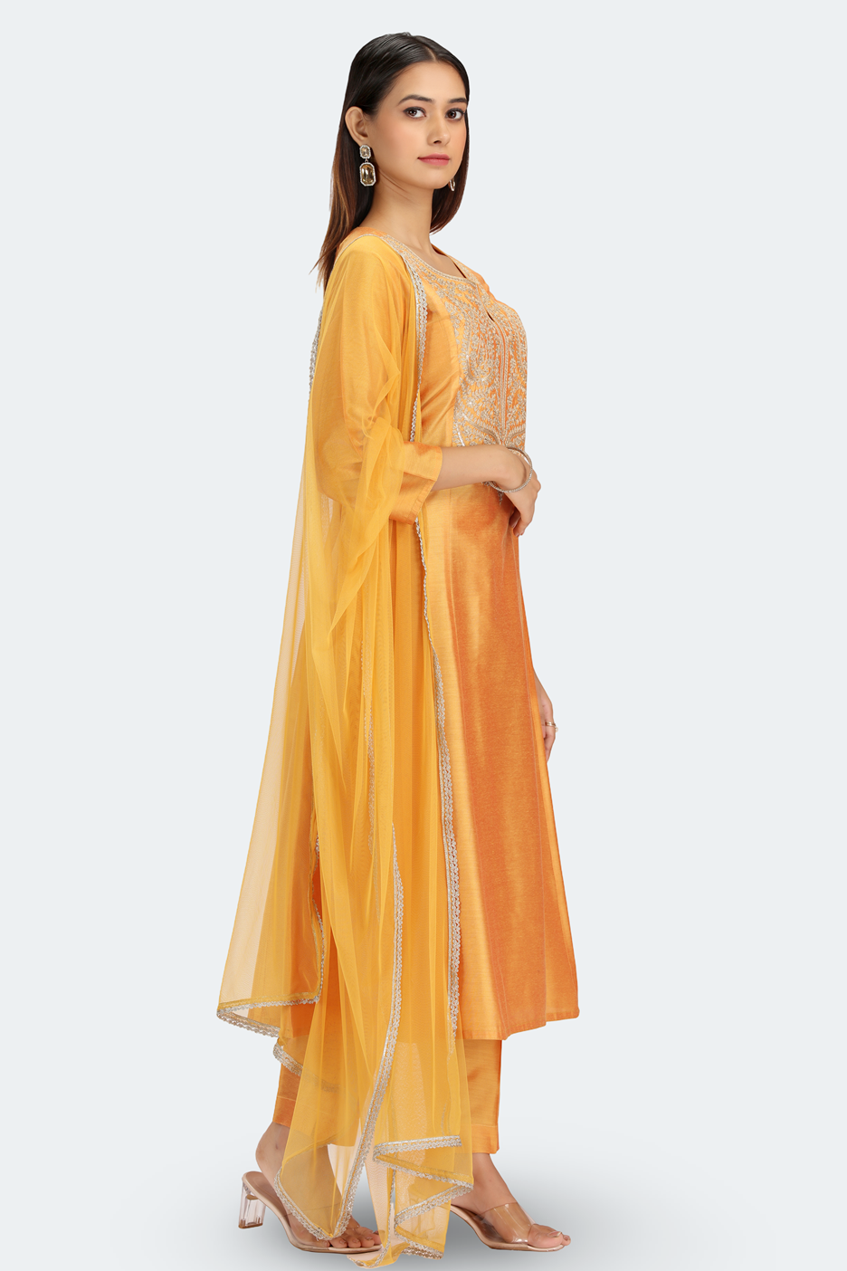 Mustard PolySilk Embroidered A Line Kurta Pant and Dupatta Suit Set