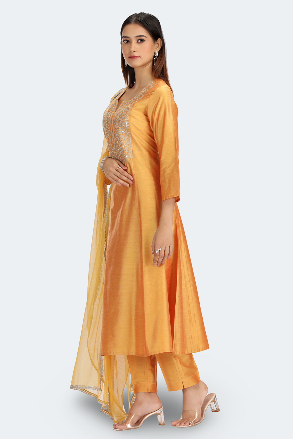 Mustard PolySilk Embroidered A Line Kurta Pant and Dupatta Suit Set