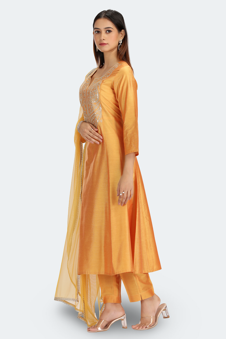 Mustard PolySilk Embroidered A Line Kurta Pant and Dupatta Suit Set