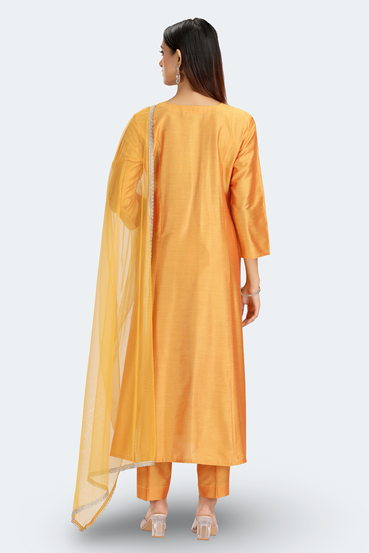 Mustard PolySilk Embroidered A Line Kurta Pant and Dupatta Suit Set