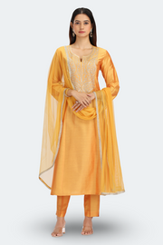 Mustard PolySilk Embroidered A Line Kurta Pant and Dupatta Suit Set