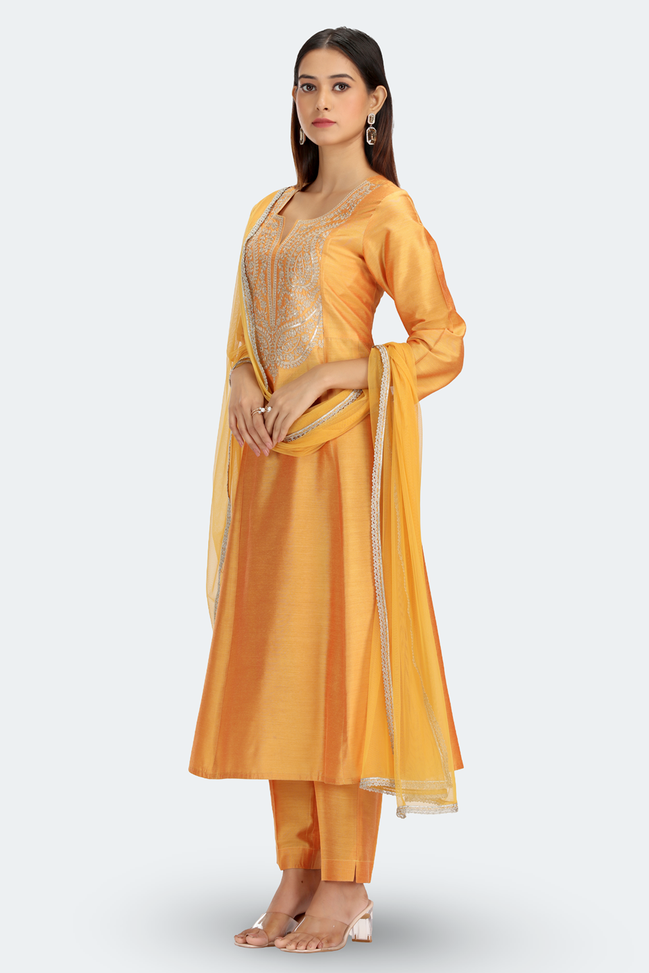 Mustard PolySilk Embroidered A Line Kurta Pant and Dupatta Suit Set