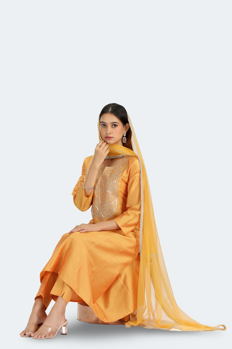 Mustard PolySilk Embroidered A Line Kurta Pant and Dupatta Suit Set