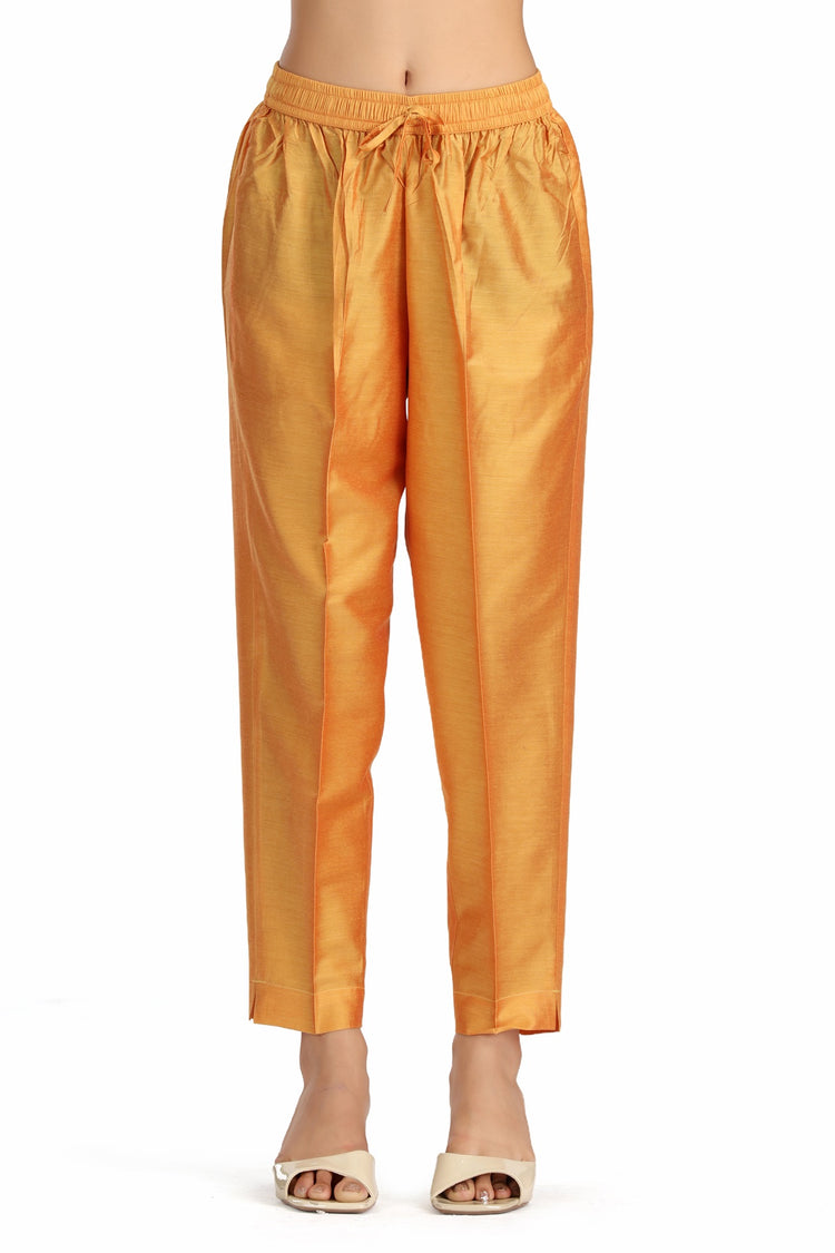 Mustard PolySilk Embroidered A Line Kurta Pant and Dupatta Suit Set