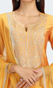Mustard PolySilk Embroidered A Line Kurta Pant and Dupatta Suit Set
