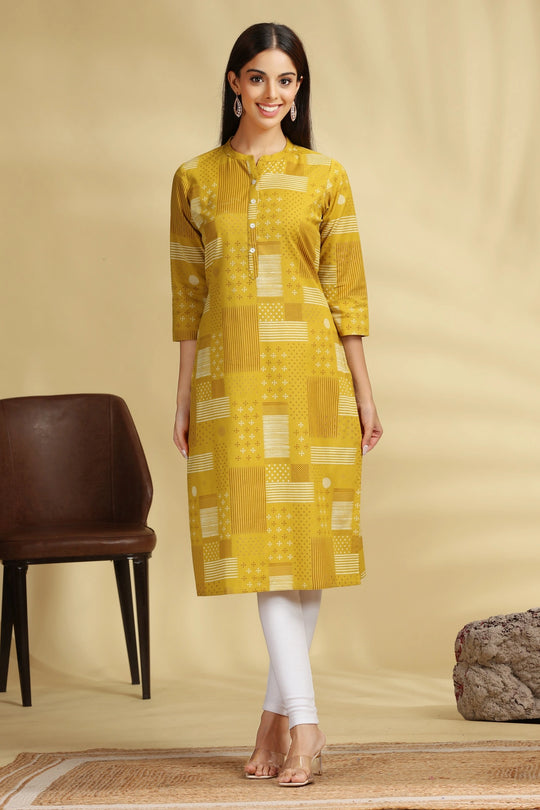 Yellow Printed Cotton Straight Kurta for women