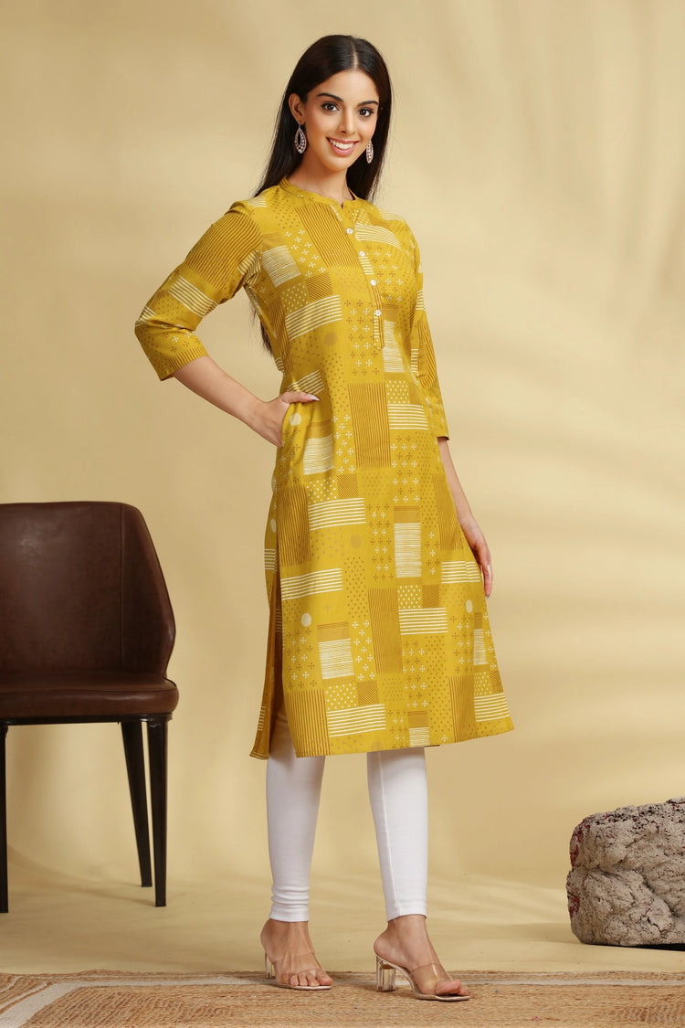 Yellow Printed Cotton Straight Kurta for women