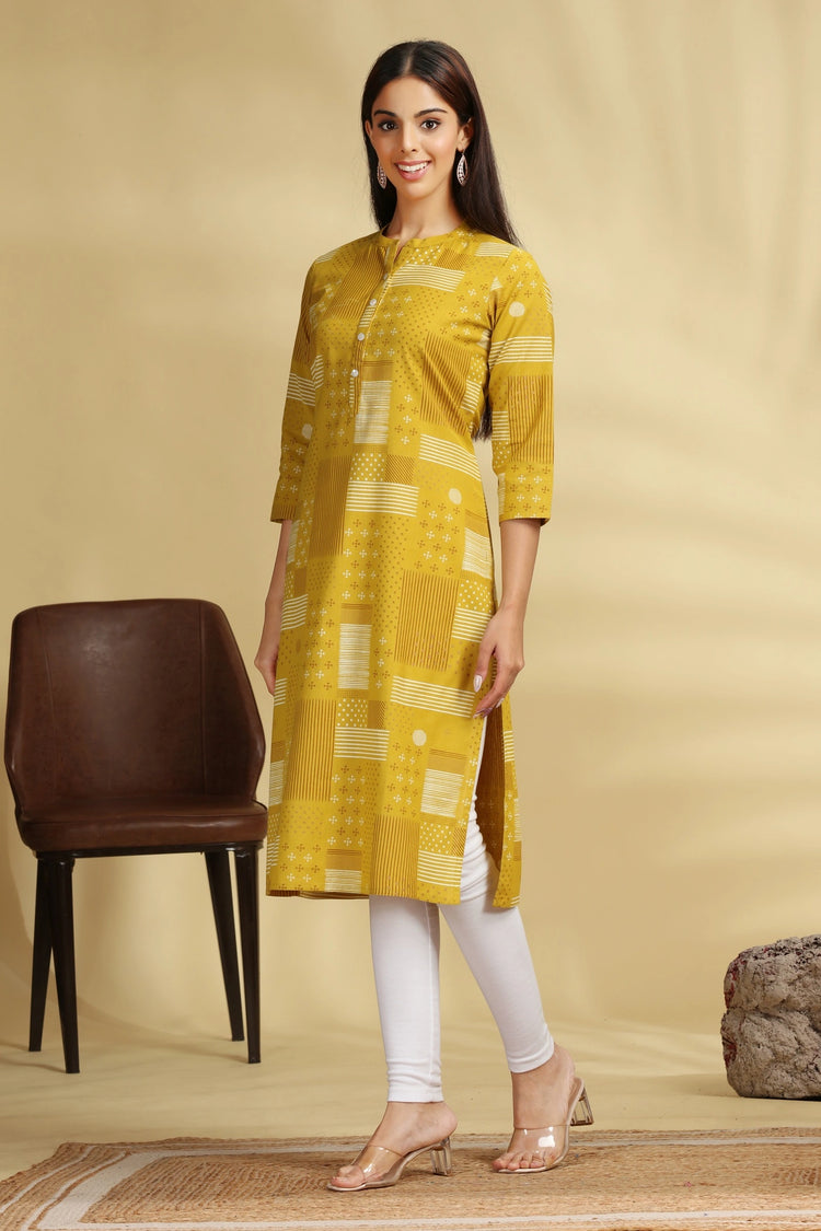 Yellow Printed Cotton Straight Kurta for women