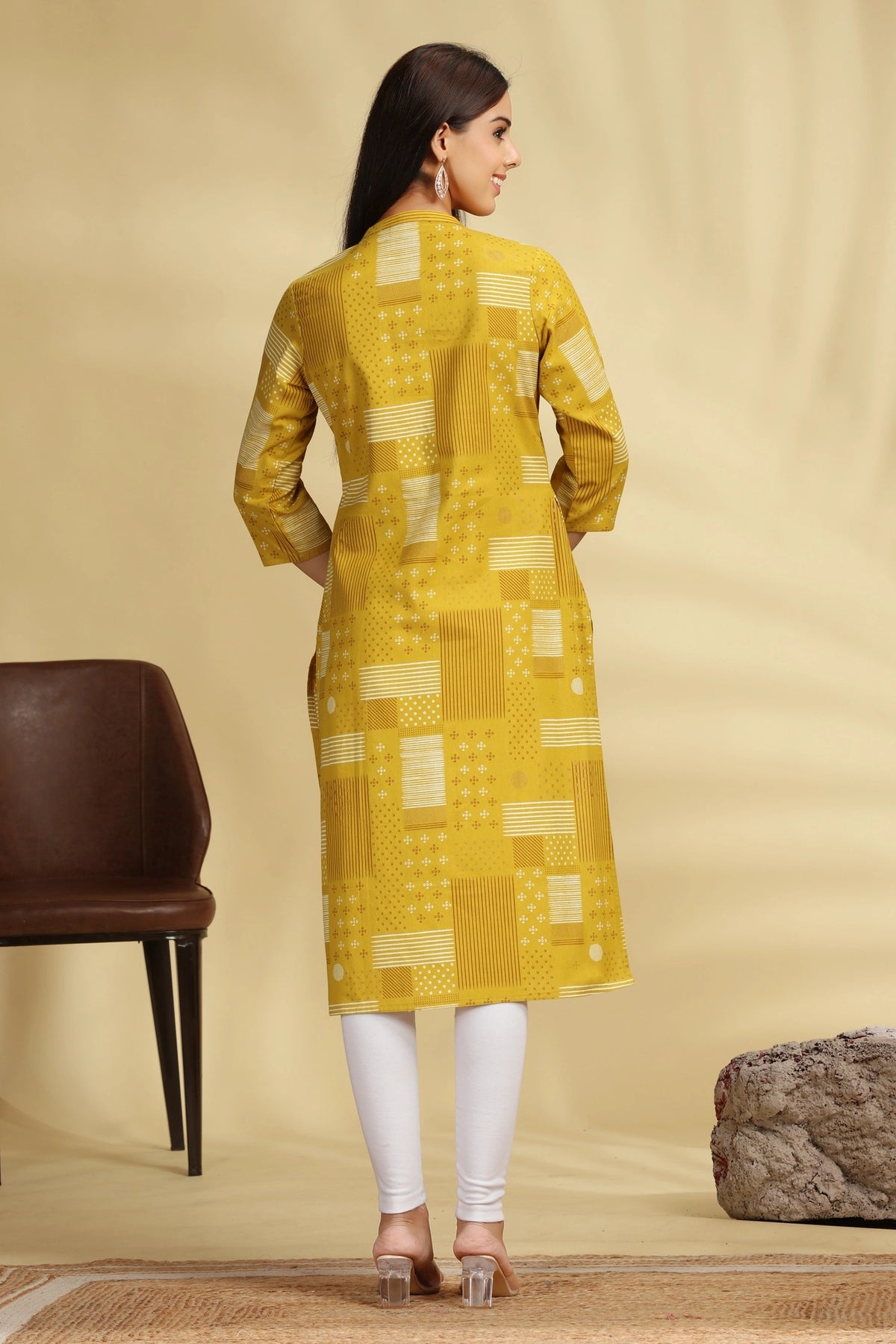 Yellow Printed Cotton Straight Kurta for women