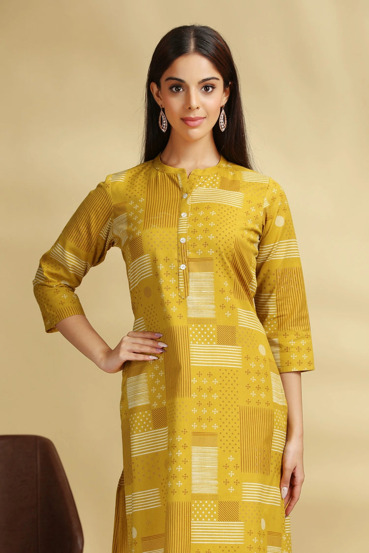 Yellow Printed Cotton Straight Kurta for women