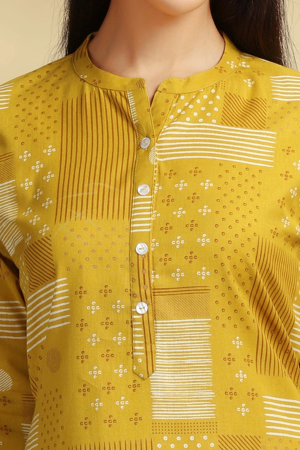 Yellow Printed Cotton Straight Kurta for women