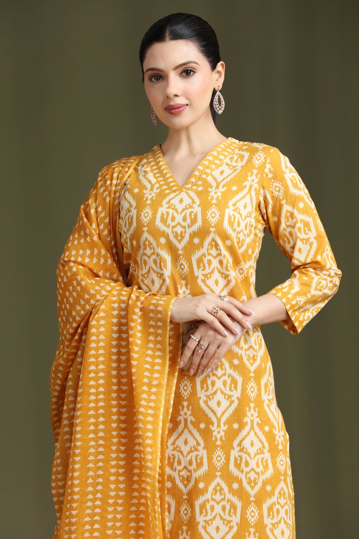 Yellow Printed Straight Cotton Ethnic Set