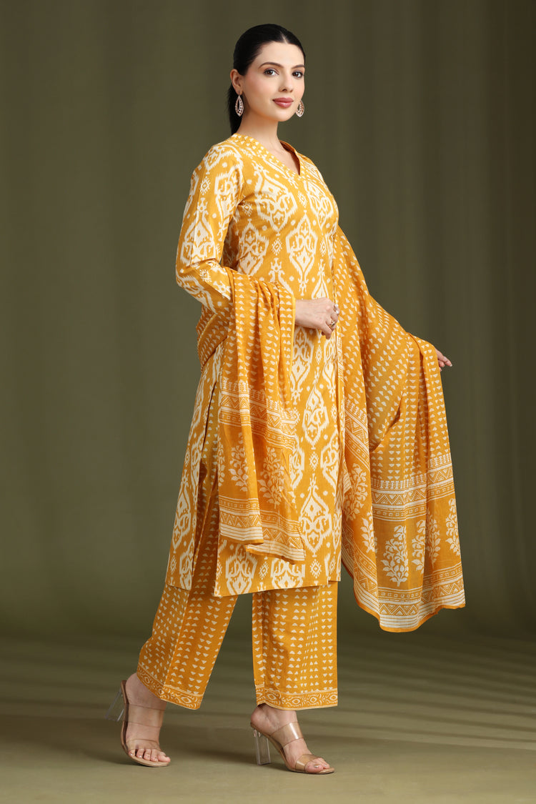Yellow Printed Straight Cotton Ethnic Set