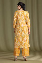 Yellow Printed Straight Cotton Ethnic Set