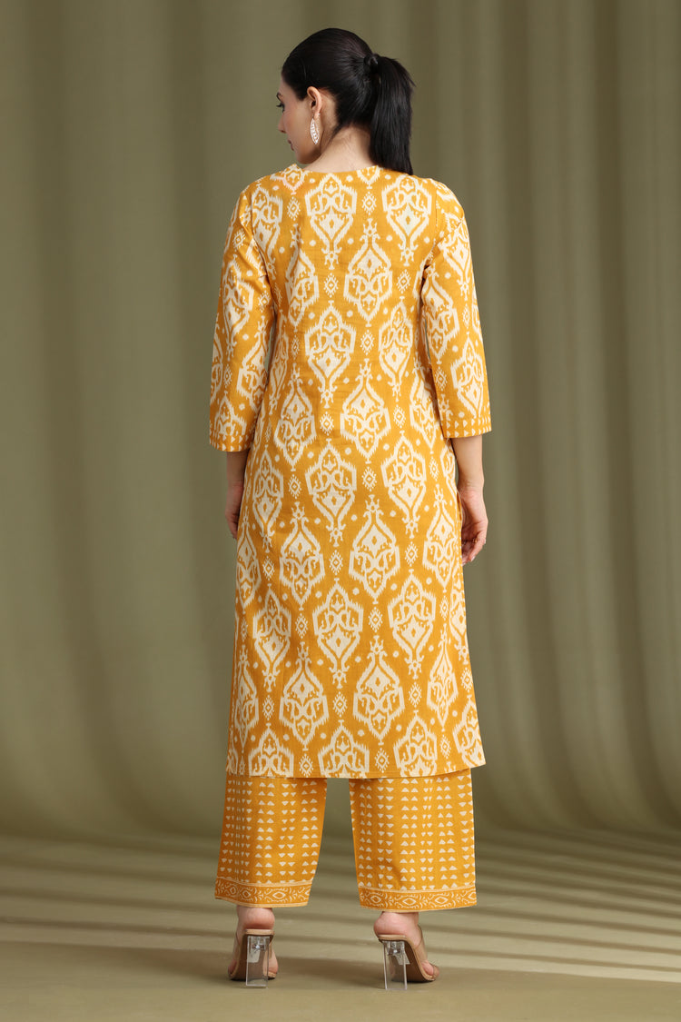 Yellow Printed Straight Cotton Ethnic Set