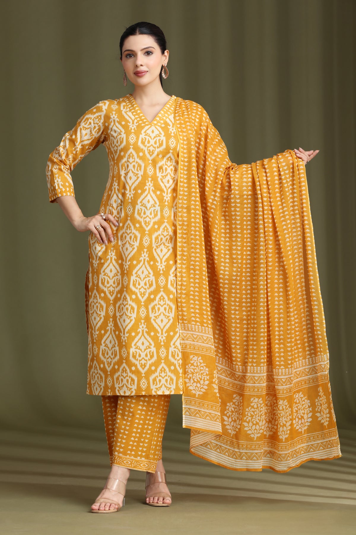 Yellow Printed Straight Cotton Ethnic Set