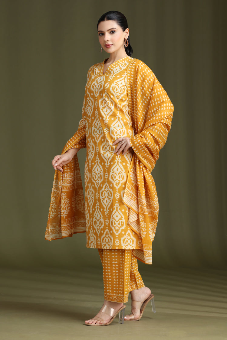 Yellow Printed Straight Cotton Ethnic Set