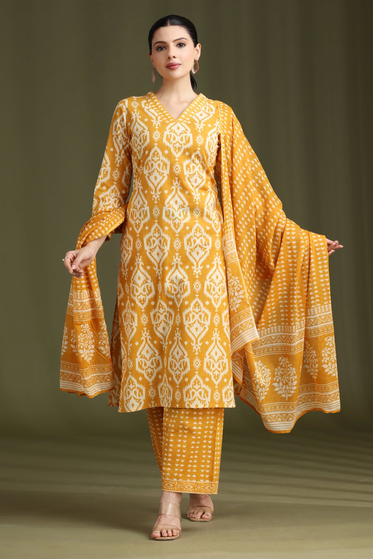 Yellow Printed Straight Cotton Ethnic Set