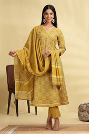Yellow Printed Jaipuri Cotton A Line Kurta Pant Dupatta Suit Set