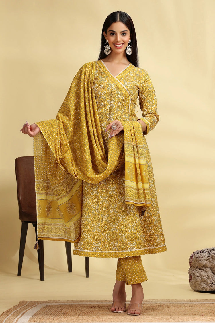 Yellow Printed Jaipuri Cotton A Line Kurta Pant Dupatta Suit Set