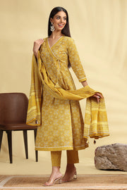 Yellow Printed Jaipuri Cotton A Line Kurta Pant Dupatta Suit Set