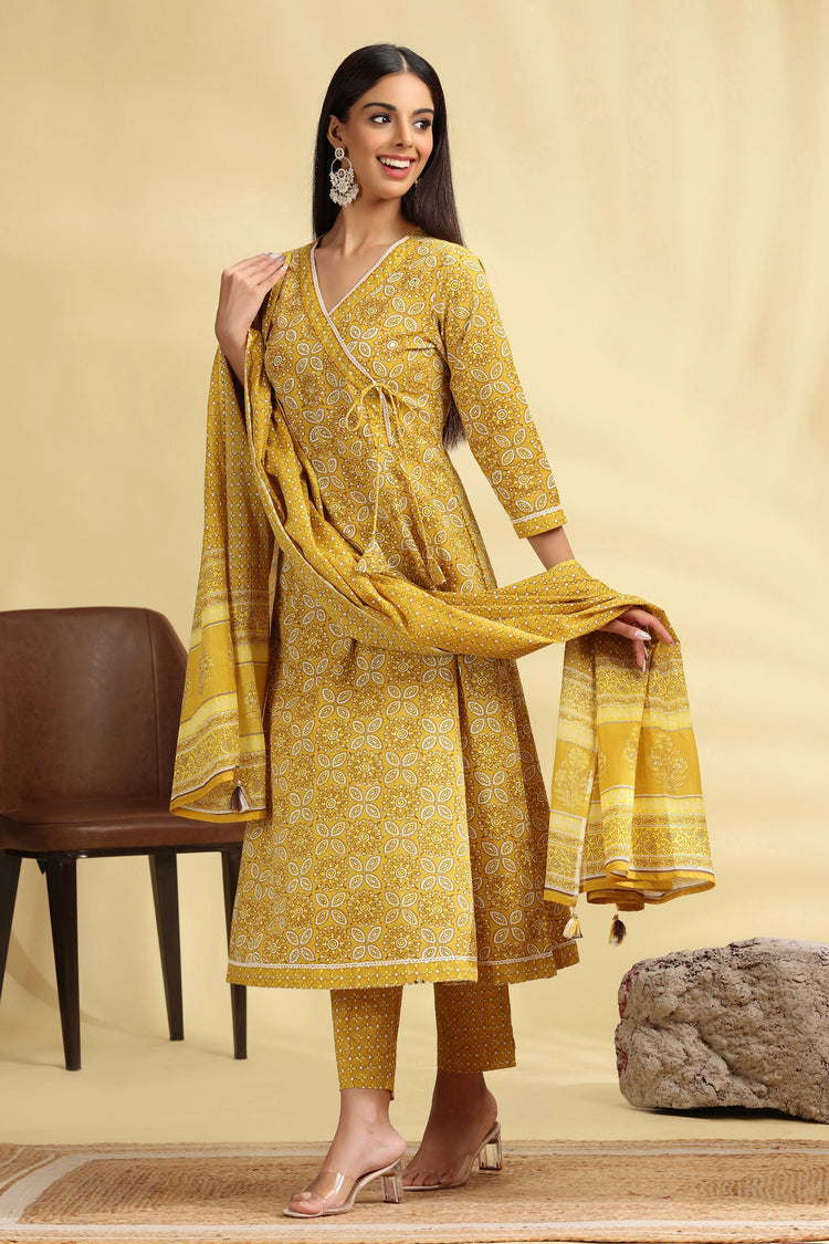 Yellow Printed Jaipuri Cotton A Line Kurta Pant Dupatta Suit Set