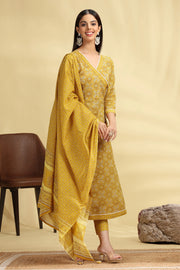 Yellow Printed Jaipuri Cotton A Line Kurta Pant Dupatta Suit Set