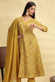 Yellow Printed Jaipuri Cotton A Line Kurta Pant Dupatta Suit Set