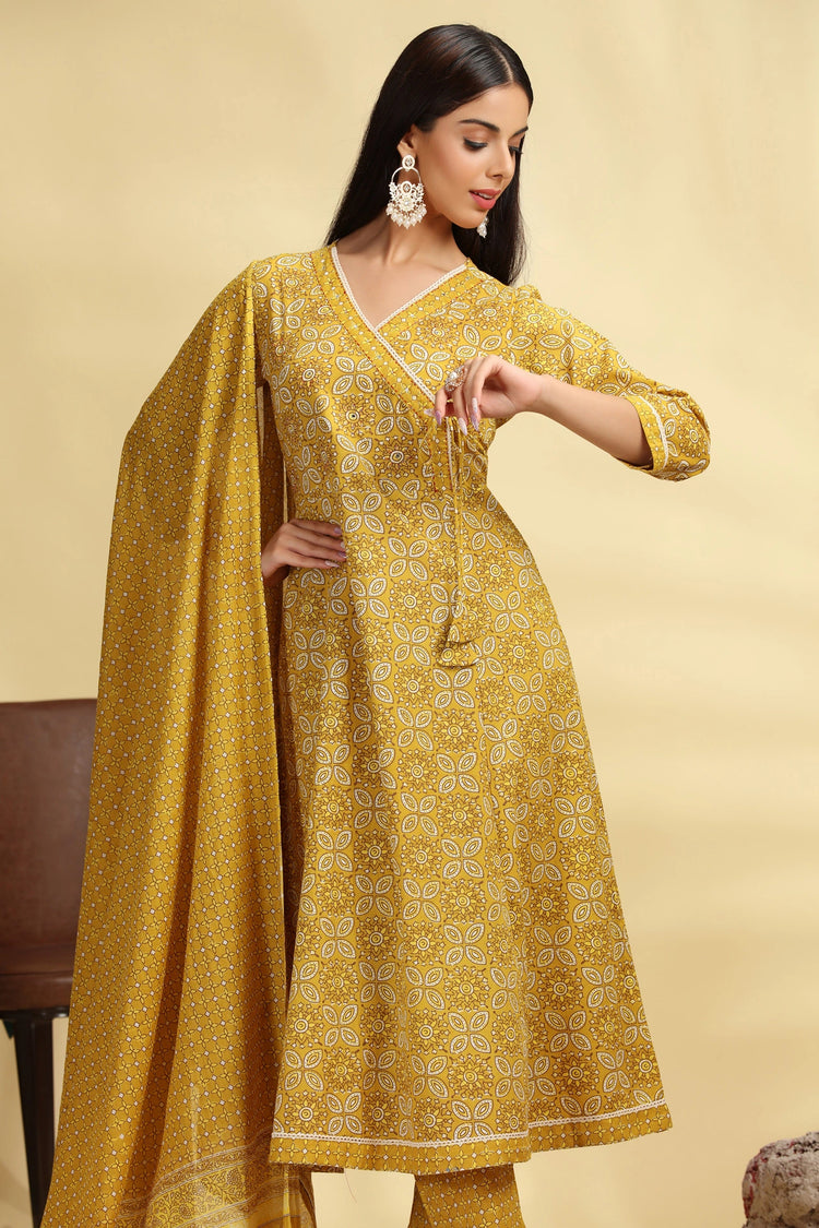 Yellow Printed Jaipuri Cotton A Line Kurta Pant Dupatta Suit Set