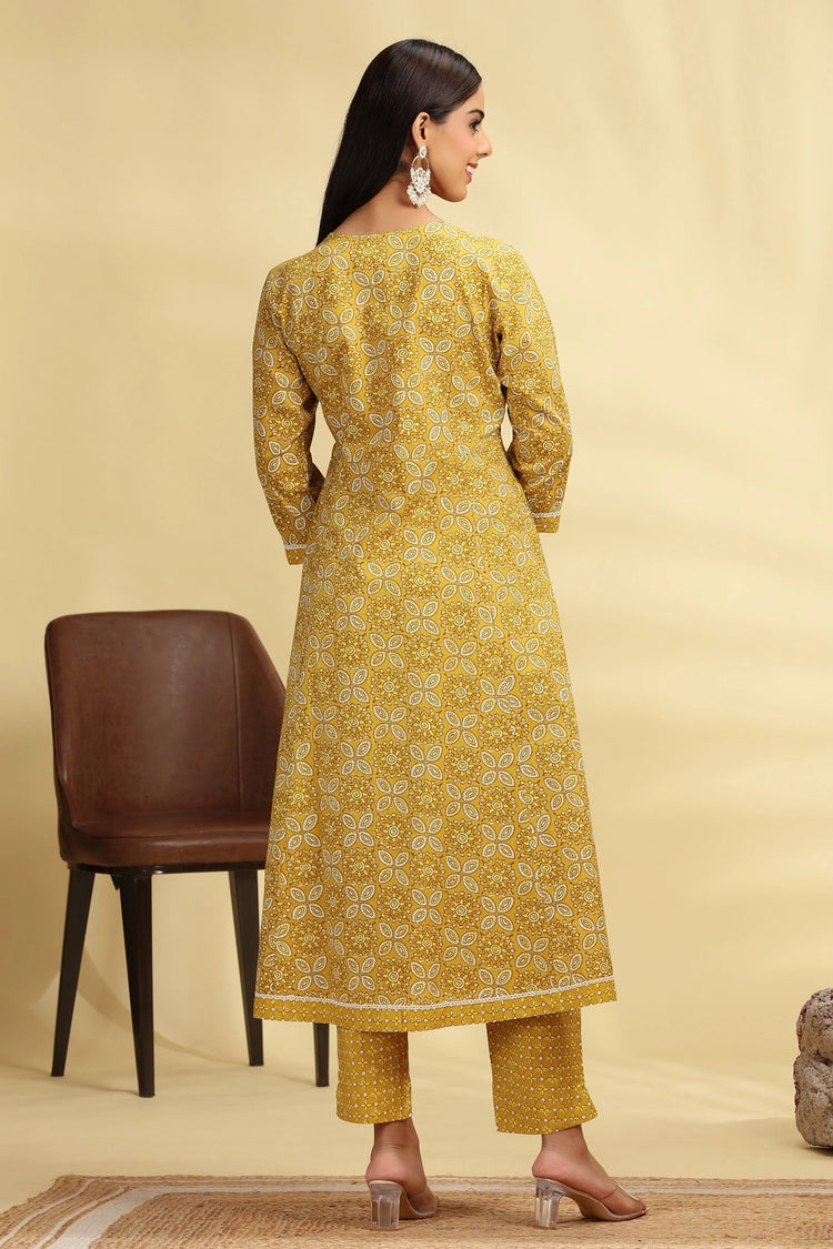 Yellow Printed Jaipuri Cotton A Line Kurta Pant Dupatta Suit Set