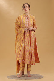 Yellow Printed Jaipuri Cotton A Line Kurta Pant and Dupatta Suit Set for women