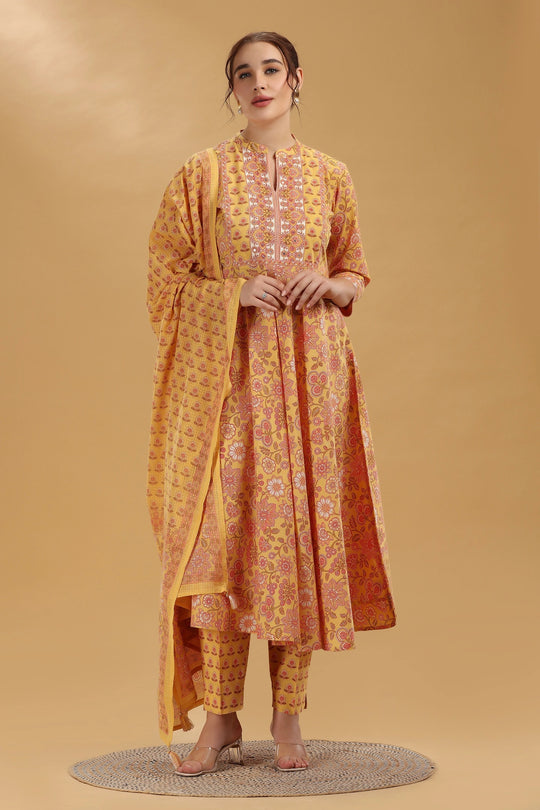Yellow Printed Jaipuri Cotton A Line Kurta Pant and Dupatta Suit Set for women