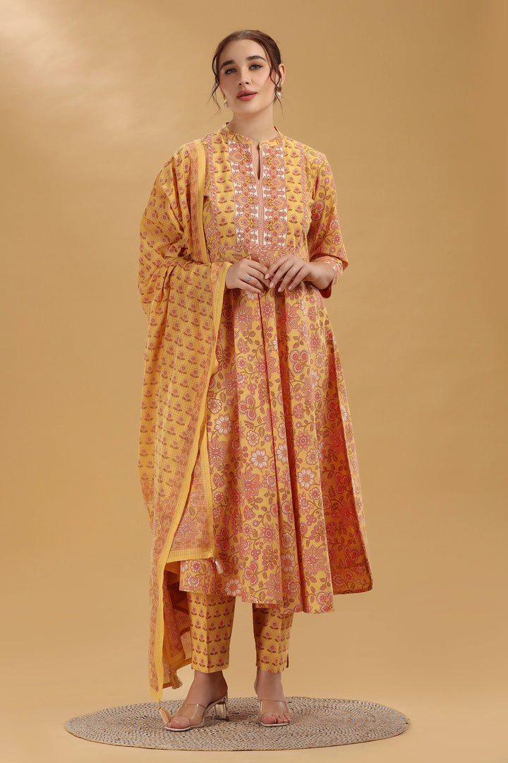 Yellow Printed Jaipuri Cotton A Line Kurta Pant and Dupatta Suit Set for women